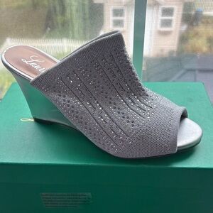 Lauren Lorraine Martha Womens Silver Embellished Wedge Mules Open Toe Shoes